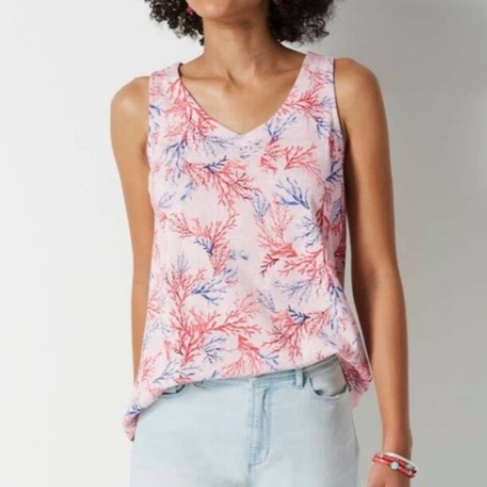 J. Jill Coral Print Pima Cotton V-Neck Tank Red Blue Womens L Coastal Beach Soft